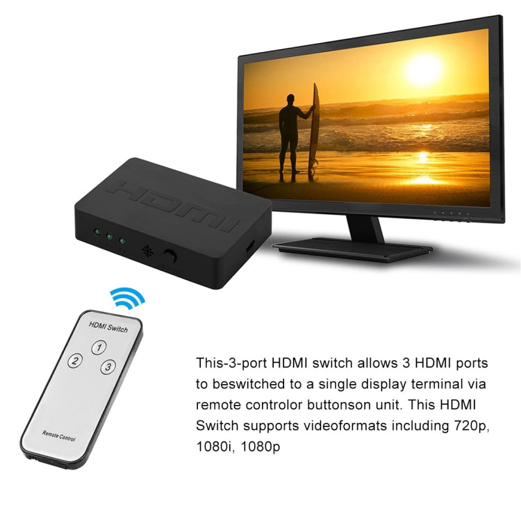 1080P 3 x 1 Ports (3 Ports Input x 1 Port Output) HDMI Switch with Remote Control, 3 Inputs to 1 output