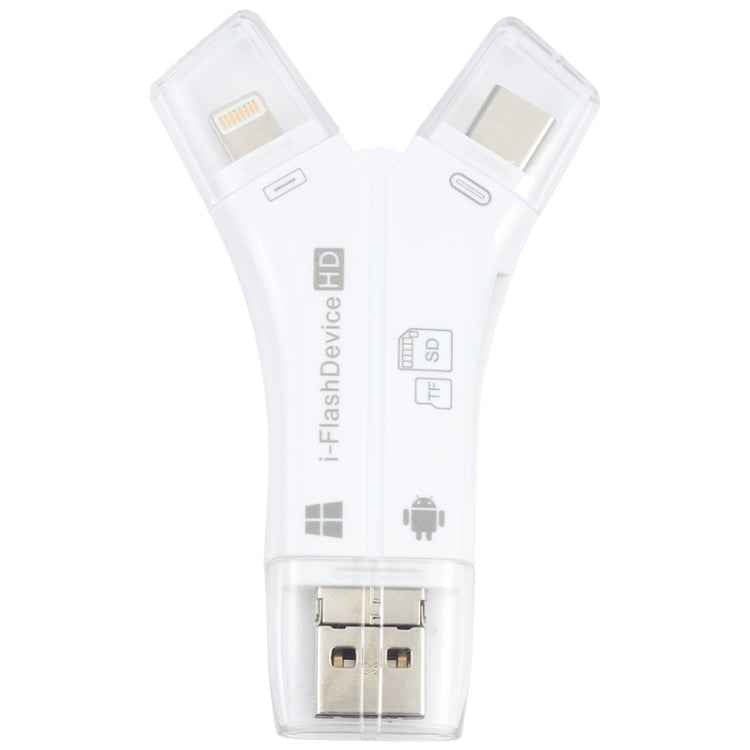 NK-908 4 in 1 i-Flash Y-shaped TF Card / SD Card Reader For 8 Pin + USB-C / Type-C + Micro USB + USB Devices