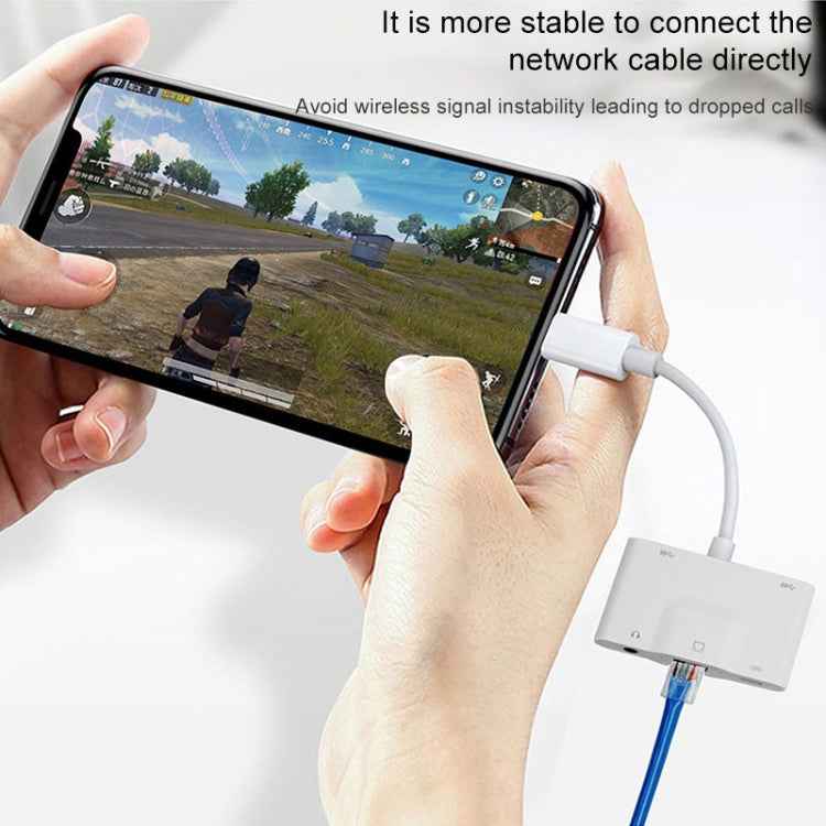 NK-1033 5 in 1 8 Pin Male to Dual USB + 3.5mm AUX + Ethernet + 8 Pin Power Female Adapter