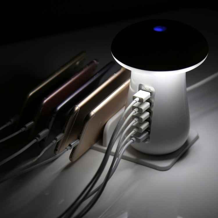XLD888 5 Ports (2 x 5V/1A + 2 x 5V/2.1A + 1 x QC3.0) USB Charger Mushroom Light Desk Lamp Charger with Phone Holder