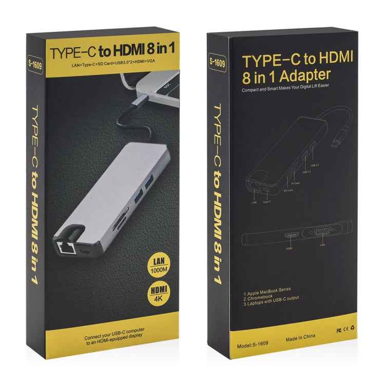 8 in 1 Type-C to HDMI + USB 3.0 + USB 3.0 + Type-C + LAN + VGA + TF/SD Card Reader Adapter