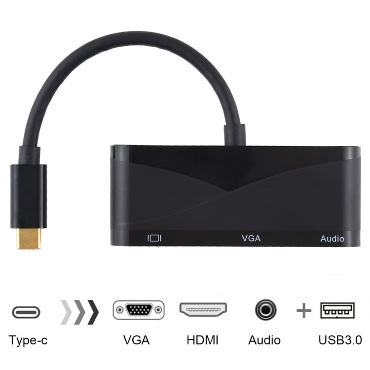 USB 2.0 + Audio Port + VGA + HDMI to USB-C / Type-C HUB Adapter, Black