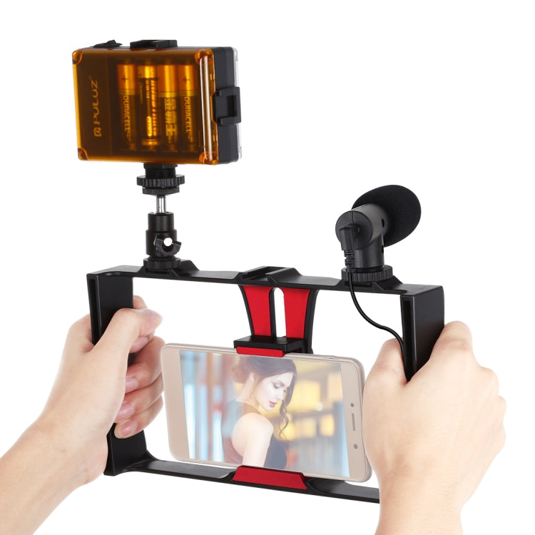 PULUZ 3 in 1 Vlogging Live Broadcast LED Selfie Light Smartphone Video Rig Kits with Microphone + Cold Shoe Tripod Head for iPhone, Galaxy, Huawei, Xiaomi, HTC, LG, Google, and Other Smartphones, 3-in-1, 3-in-1(Red)