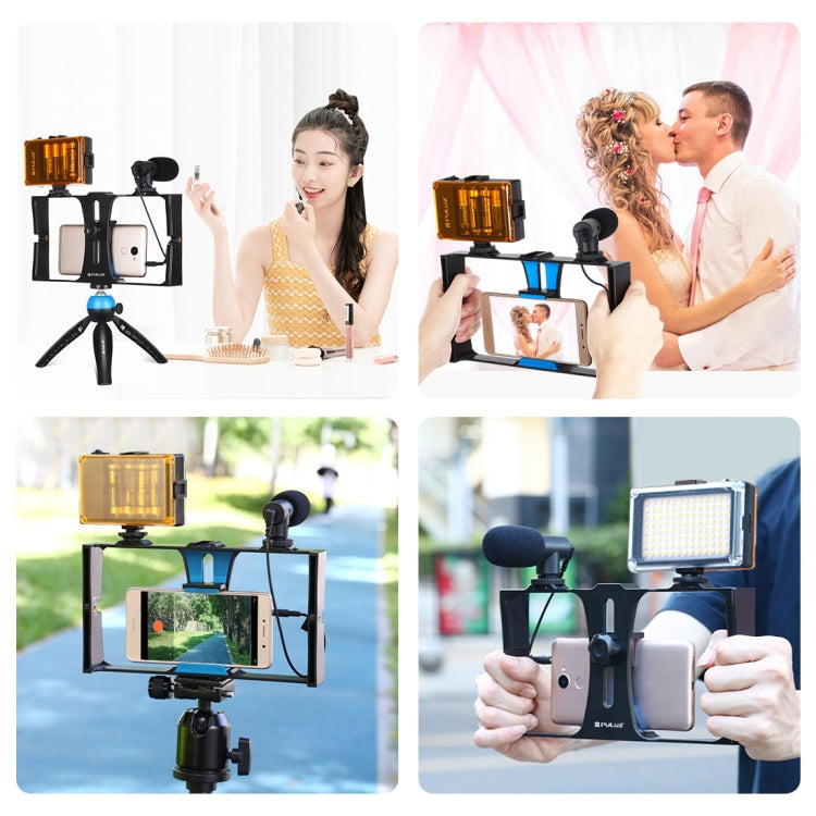 PULUZ 4 in 1 Vlogging Live Broadcast LED Selfie Light Smartphone Video Rig Kits with Microphone + Tripod Mount + Cold Shoe Tripod Head for iPhone, Galaxy, Huawei, Xiaomi, HTC, LG, Google, and Other Smartphones, 4-in-1(Blue), 4 in 1