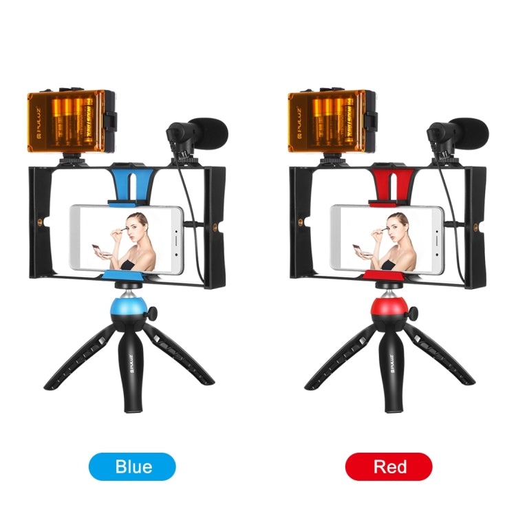 PULUZ 4 in 1 Vlogging Live Broadcast LED Selfie Light Smartphone Video Rig Kits with Microphone + Tripod Mount + Cold Shoe Tripod Head for iPhone, Galaxy, Huawei, Xiaomi, HTC, LG, Google, and Other Smartphones, 4-in-1(Blue), 4 in 1