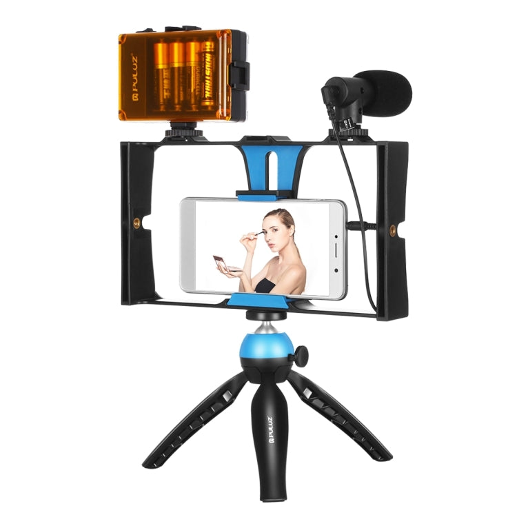 PULUZ 4 in 1 Vlogging Live Broadcast LED Selfie Light Smartphone Video Rig Kits with Microphone + Tripod Mount + Cold Shoe Tripod Head for iPhone, Galaxy, Huawei, Xiaomi, HTC, LG, Google, and Other Smartphones, 4-in-1(Blue), 4 in 1