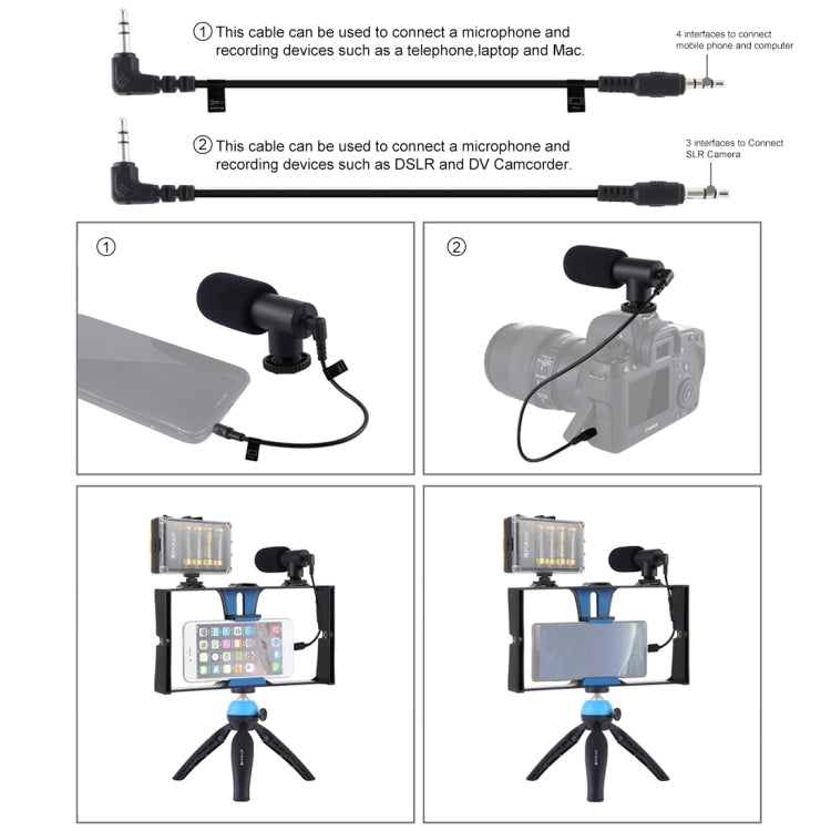 PULUZ 4 in 1 Vlogging Live Broadcast LED Selfie Light Smartphone Video Rig Kits with Microphone + Tripod Mount + Cold Shoe Tripod Head for iPhone, Galaxy, Huawei, Xiaomi, HTC, LG, Google, and Other Smartphones, 4-in-1(Blue), 4 in 1