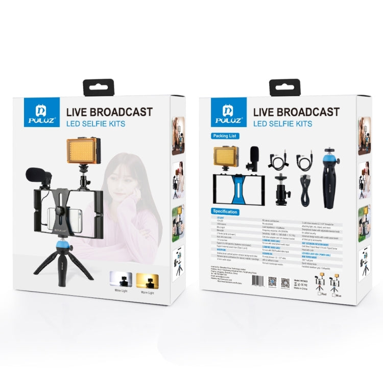 PULUZ 4 in 1 Vlogging Live Broadcast LED Selfie Light Smartphone Video Rig Kits with Microphone + Tripod Mount + Cold Shoe Tripod Head for iPhone, Galaxy, Huawei, Xiaomi, HTC, LG, Google, and Other Smartphones, 4-in-1(Blue), 4 in 1