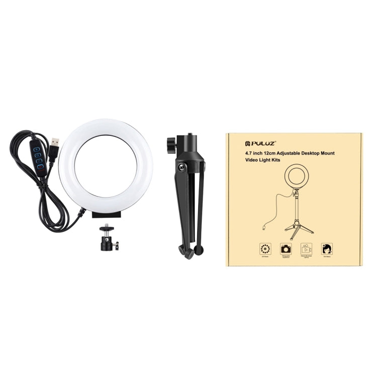 PULUZ 4.7 inch 12cm USB 3 Modes Dimmable LED Ring Vlogging Photography Video Lights + Desktop Tripod Holder with Cold Shoe Tripod Ball Head
