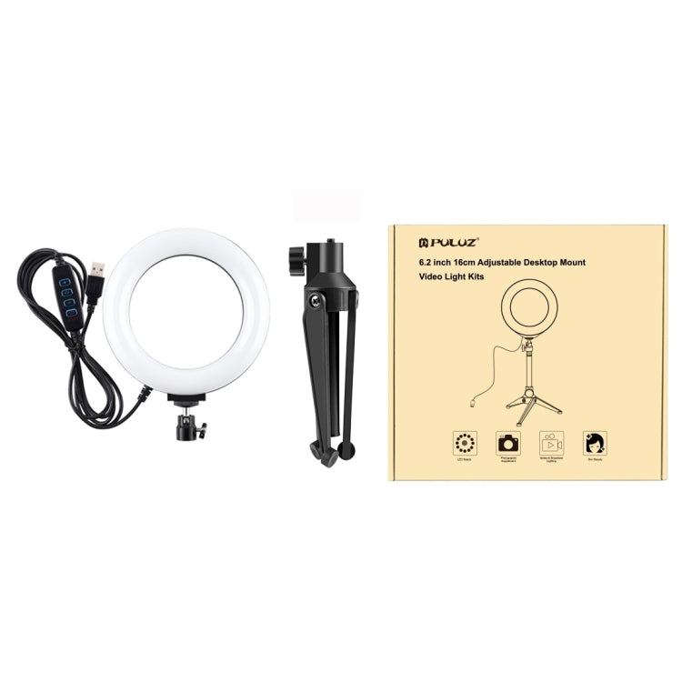 PULUZ 6.2 inch 16cm USB 3 Modes Dimmable LED Ring Vlogging Photography Video Lights + Desktop Tripod Holder with Cold Shoe Tripod Ball Head