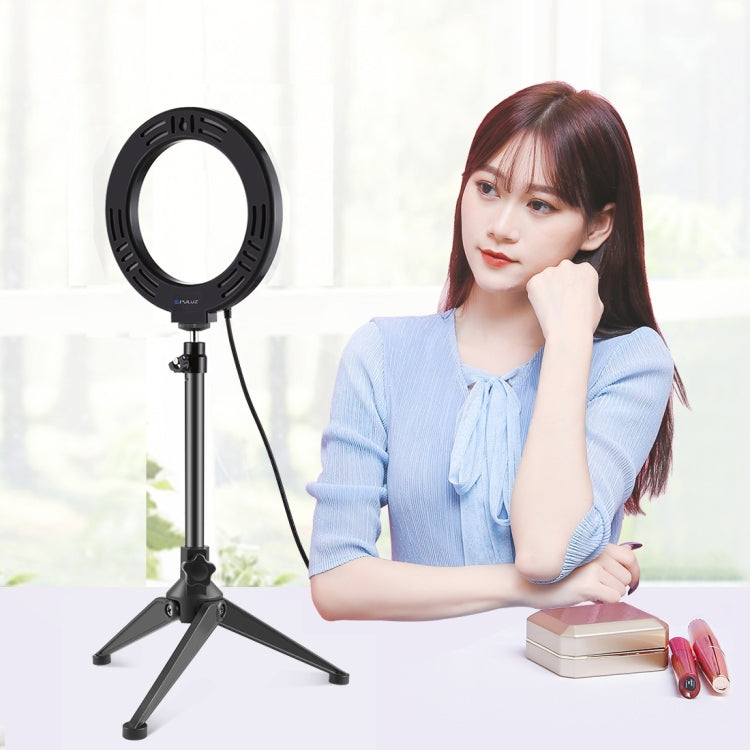 PULUZ 6.2 inch 16cm USB 3 Modes Dimmable LED Ring Vlogging Photography Video Lights + Desktop Tripod Holder with Cold Shoe Tripod Ball Head