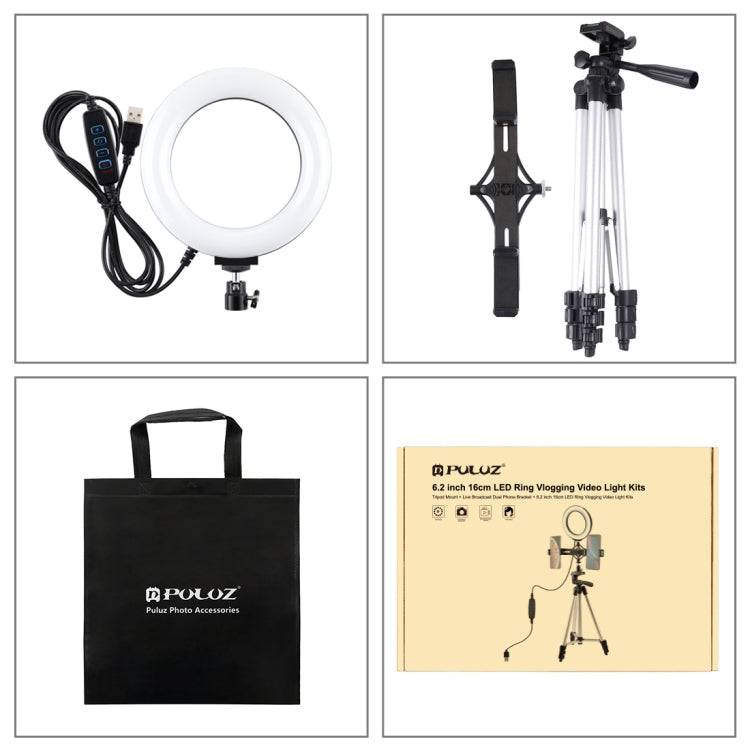 PULUZ Tripod Mount +  Live Broadcast Dual Phone Bracket + 6.2 inch 16cm LED Ring Vlogging Video Light Kits