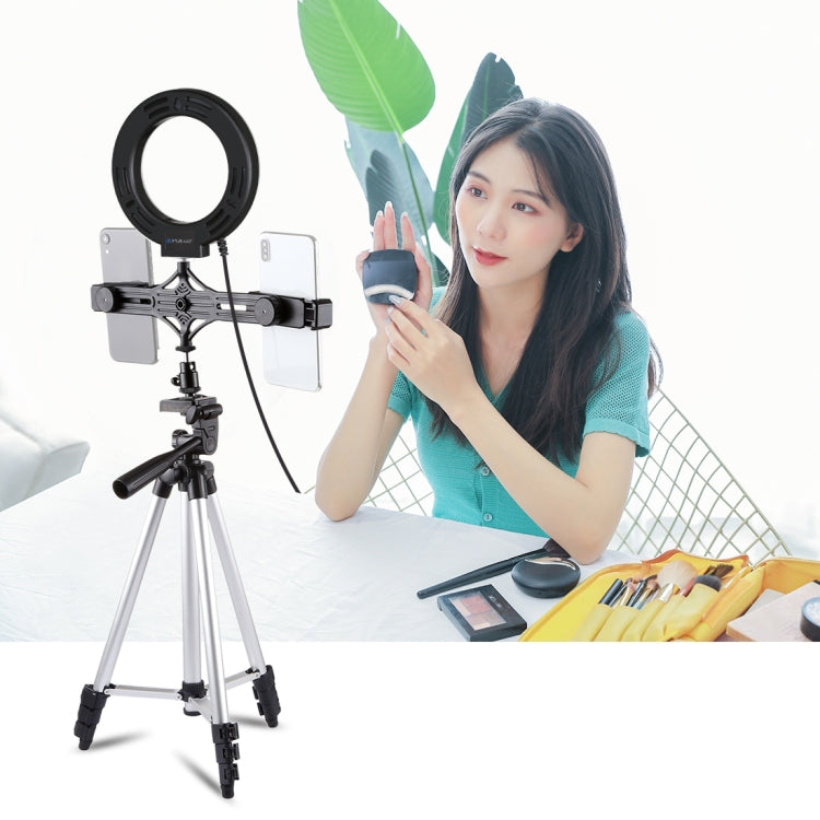 PULUZ Tripod Mount +  Live Broadcast Dual Phone Bracket + 6.2 inch 16cm LED Ring Vlogging Video Light Kits