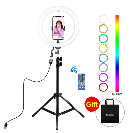 PULUZ 1.1m Tripod Mount + 10.2 inch 26cm RGBW LED Ring Vlogging Video Light  Live Broadcast Kits with Remote Control & Cold Shoe Tripod Ball Head & Phone Clamp