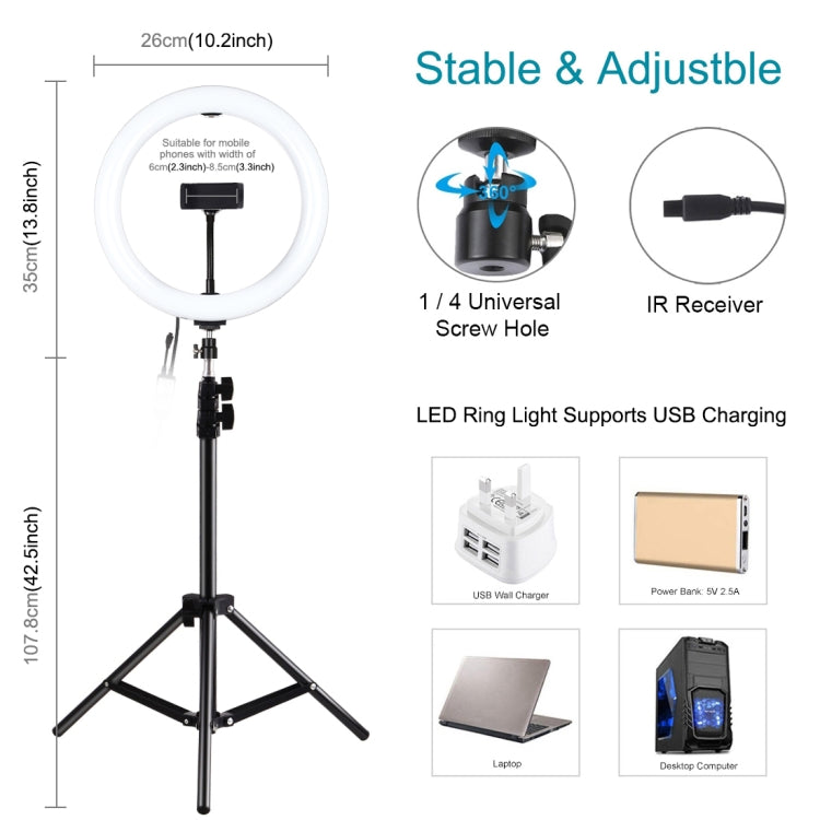 PULUZ 1.1m Tripod Mount + 10.2 inch 26cm RGBW LED Ring Vlogging Video Light  Live Broadcast Kits with Remote Control & Cold Shoe Tripod Ball Head & Phone Clamp