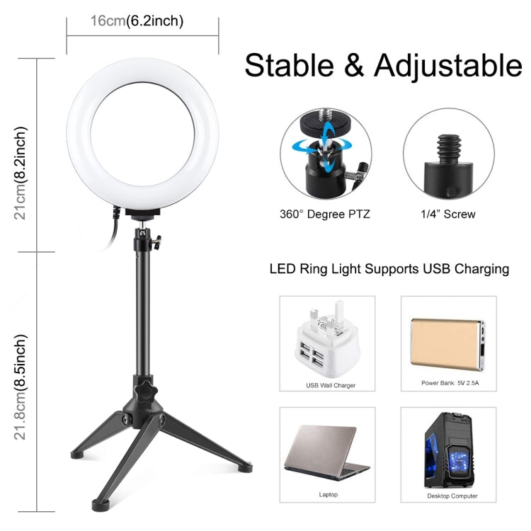 PULUZ 6.2 inch 16cm USB 10 Modes 8 Colors RGBW Dimmable LED Ring Vlogging Photography Video Lights + Desktop Tripod Mount with Cold Shoe Tripod Ball Head