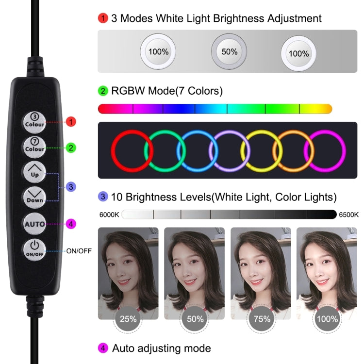 PULUZ 6.2 inch 16cm USB 10 Modes 8 Colors RGBW Dimmable LED Ring Vlogging Photography Video Lights + Desktop Tripod Mount with Cold Shoe Tripod Ball Head