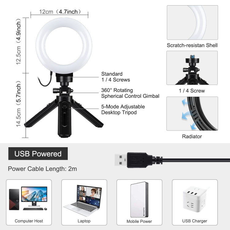 PULUZ 4.7 inch 12cm USB 3 Modes Dimmable LED Ring Vlogging Photography Video Lights + Pocket Tripod Mount Kit with Cold Shoe Tripod Ball Head