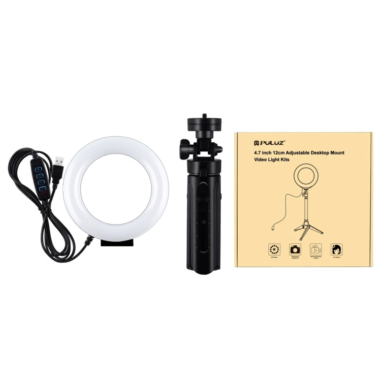 PULUZ 4.7 inch 12cm USB 3 Modes Dimmable LED Ring Vlogging Photography Video Lights + Pocket Tripod Mount Kit with Cold Shoe Tripod Ball Head
