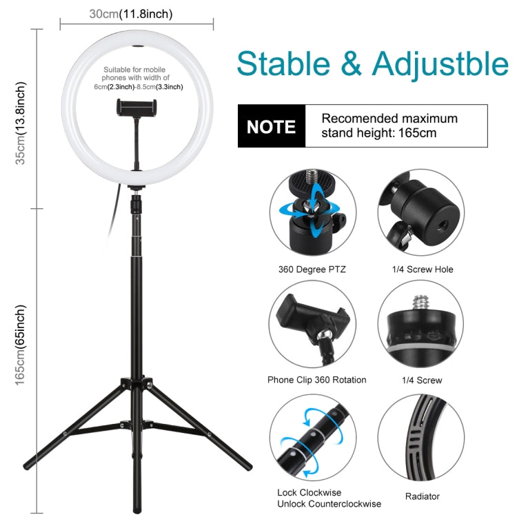 PULUZ 11.8 inch 30cm Light + 1.65m Tripod Mount Curved Surface USB 3 Modes Dimmable Dual Color Temperature LED Ring Vlogging Video Light Live Broadcast Kits with Phone Clamp