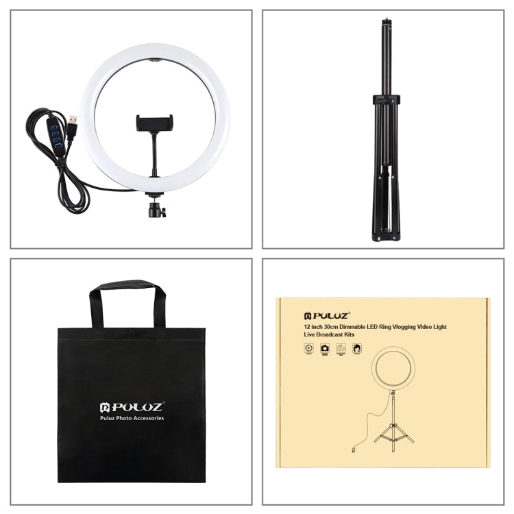 PULUZ 11.8 inch 30cm Light + 1.65m Tripod Mount Curved Surface USB 3 Modes Dimmable Dual Color Temperature LED Ring Vlogging Video Light Live Broadcast Kits with Phone Clamp