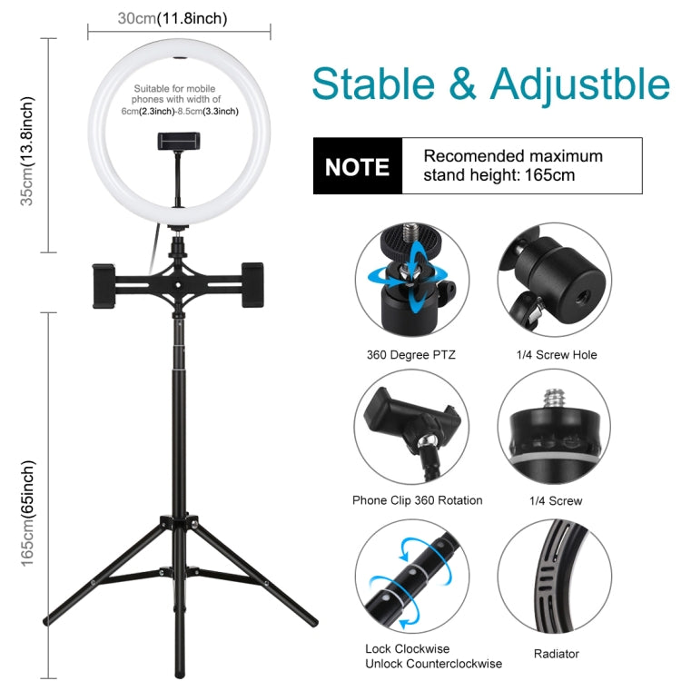 PULUZ 11.8 inch 30cm Light + 1.65m Tripod + Dual Phone Bracket Curved Surface USB 3 Modes Dimmable Dual Color Temperature LED Ring Vlogging Video Light  Live Broadcast Kits with Phone Clamp