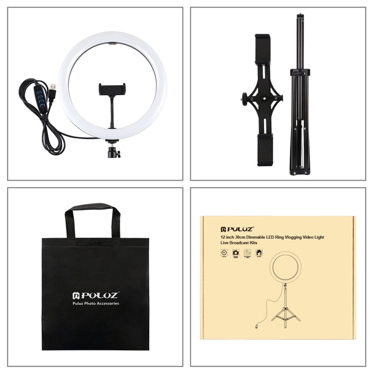 PULUZ 11.8 inch 30cm Light + 1.65m Tripod + Dual Phone Bracket Curved Surface USB 3 Modes Dimmable Dual Color Temperature LED Ring Vlogging Video Light  Live Broadcast Kits with Phone Clamp