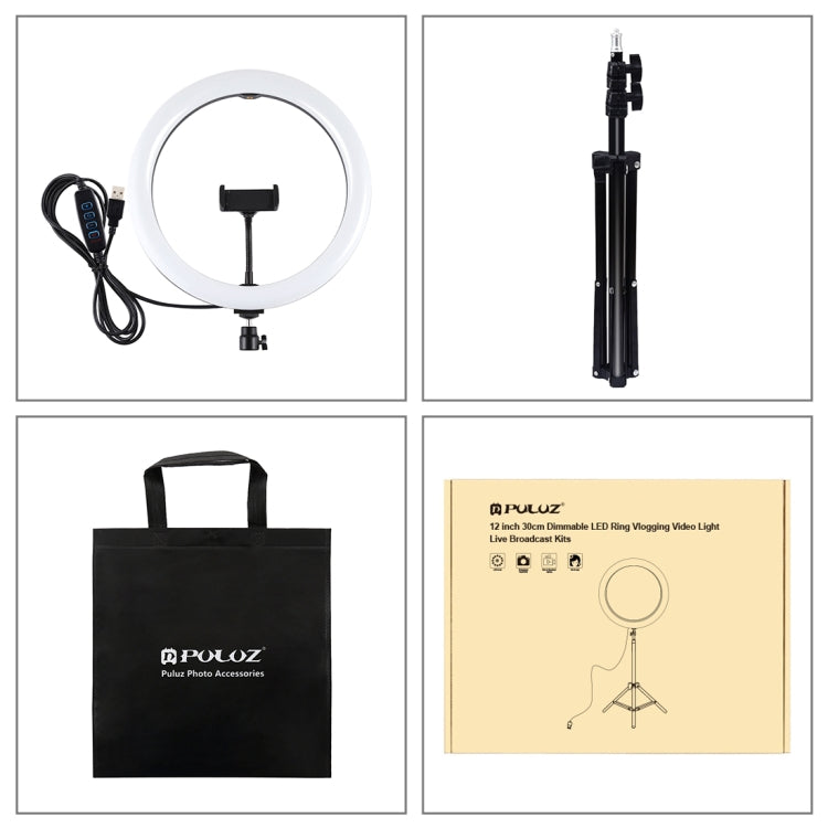 PULUZ 11.8 inch 30cm Light + 1.1m Tripod Mount Curved Surface USB 3 Modes Dimmable Dual Color Temperature LED Ring Vlogging Video Light  Live Broadcast Kits with Phone Clamp