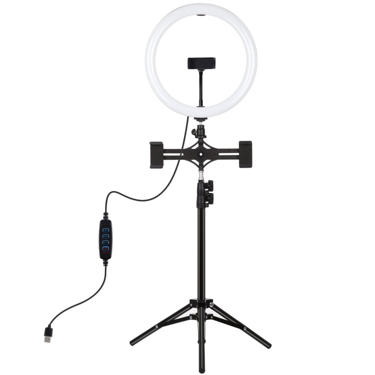 PULUZ 11.8 inch 30cm Light + 1.1m Tripod Mount + Dual Phone Brackets Curved Surface USB 3 Modes Dimmable Dual Color Temperature LED Ring Vlogging Video Light Live Broadcast Kits with Phone Clamp