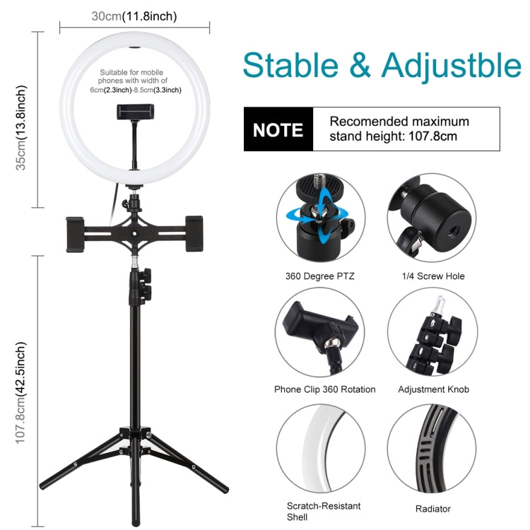 PULUZ 11.8 inch 30cm Light + 1.1m Tripod Mount + Dual Phone Brackets Curved Surface USB 3 Modes Dimmable Dual Color Temperature LED Ring Vlogging Video Light Live Broadcast Kits with Phone Clamp