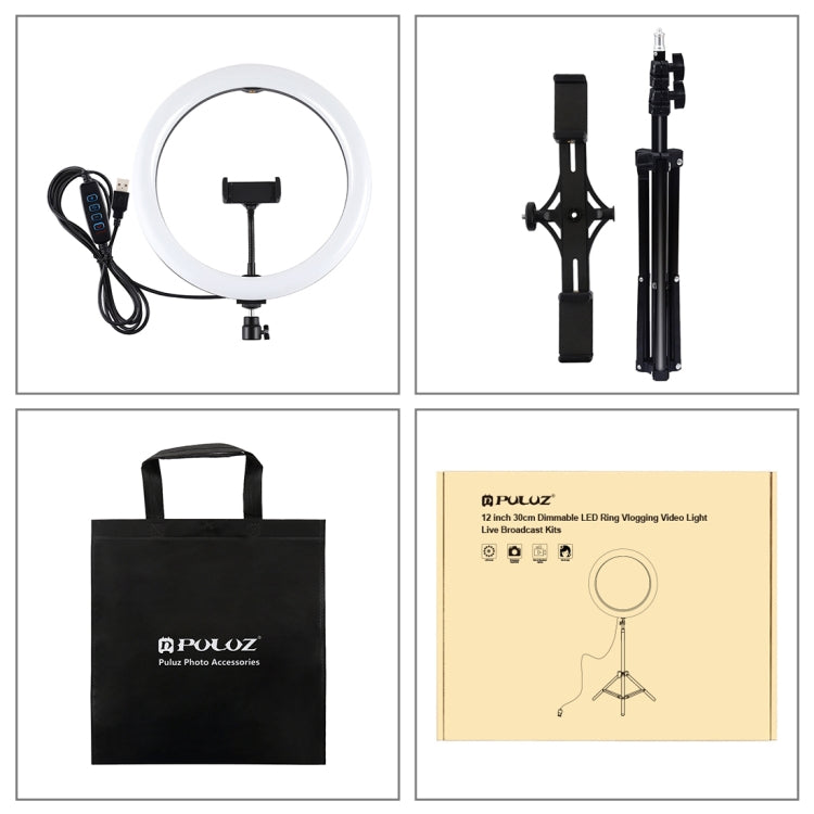 PULUZ 11.8 inch 30cm Light + 1.1m Tripod Mount + Dual Phone Brackets Curved Surface USB 3 Modes Dimmable Dual Color Temperature LED Ring Vlogging Video Light Live Broadcast Kits with Phone Clamp