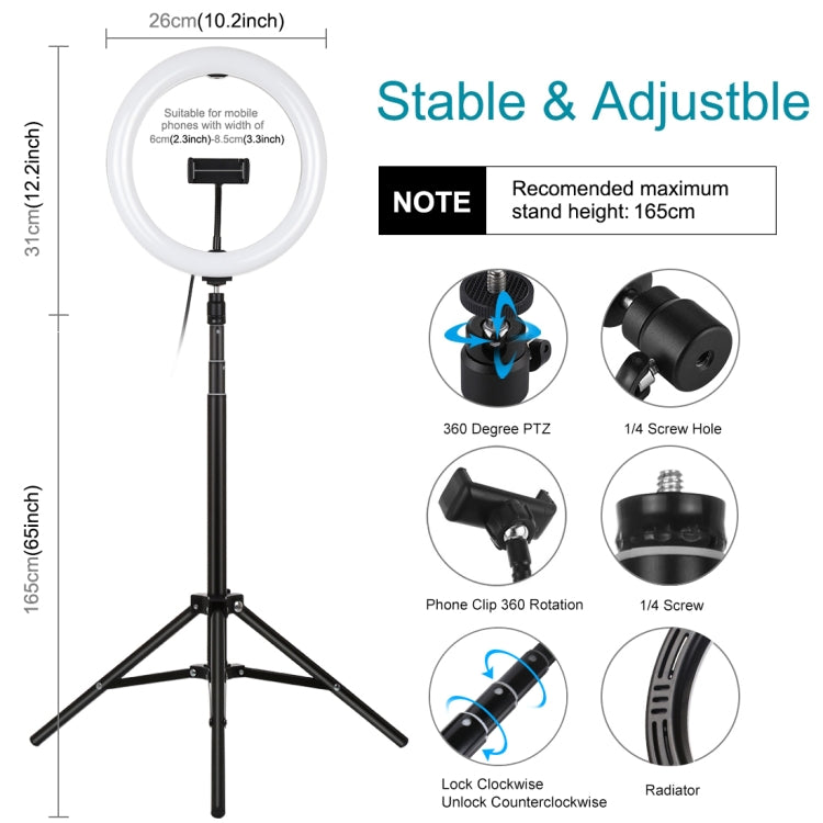 PULUZ 10.2 inch 26cm Light + 1.65m Tripod Mount Curved Surface USB 3 Modes Dimmable Dual Color Temperature Ring Vlogging Video Light Live Broadcast Kits with Phone Clamp & Selfie Remote Control