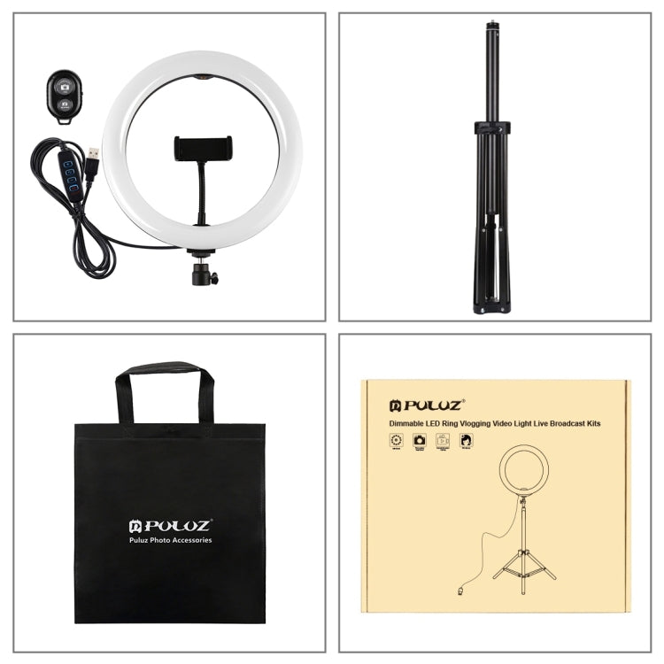 PULUZ 10.2 inch 26cm Light + 1.65m Tripod Mount Curved Surface USB 3 Modes Dimmable Dual Color Temperature Ring Vlogging Video Light Live Broadcast Kits with Phone Clamp & Selfie Remote Control