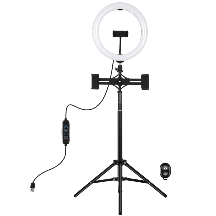 PULUZ 1.65m Tripod Mount + Dual Phone Brackets + 10.2 inch 26cm Curved Surface USB 3 Modes Dimmable Dual Color Temperature Ring Selfie Vlogging Video Light Live Broadcast Kits with Phone Clamp & Selfie Remote Control
