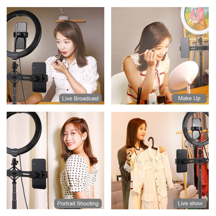 PULUZ 1.65m Tripod Mount + Dual Phone Brackets + 10.2 inch 26cm Curved Surface USB 3 Modes Dimmable Dual Color Temperature Ring Selfie Vlogging Video Light Live Broadcast Kits with Phone Clamp & Selfie Remote Control