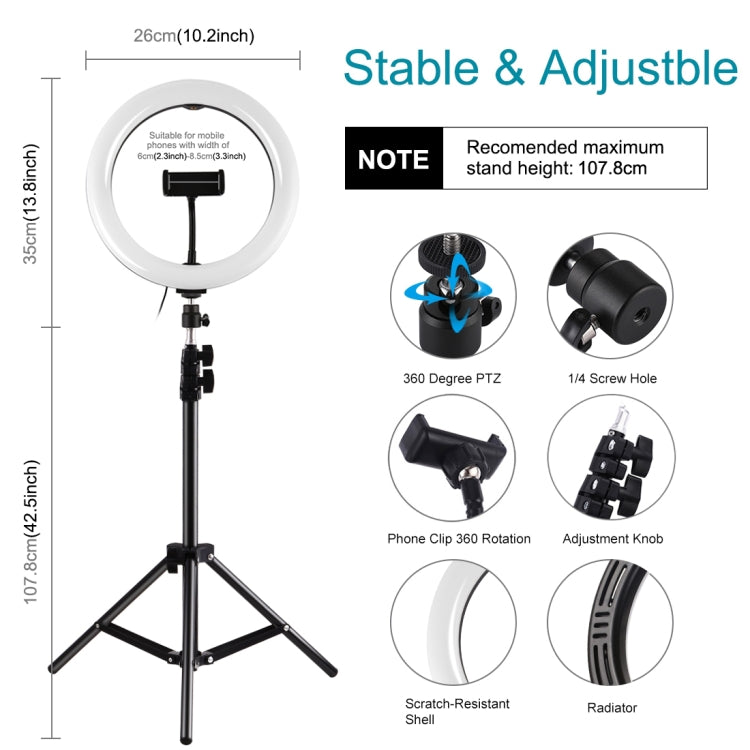 PULUZ 10.2 inch 26cm Ring Light + 1.1m Tripod Mount USB 3 Modes Dimmable Dual Color Temperature LED Curved Diffuse Light Vlogging Selfie Photography Video Lights with Phone Clamp & Selfie Remote Control