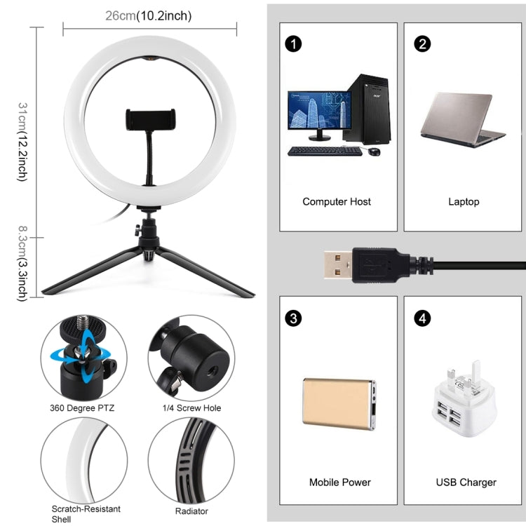PULUZ 10.2 inch 26cm Selfie Beauty Light + Desktop Tripod Mount USB 3 Modes Dimmable LED Ring Vlogging Selfie Photography Video Lights with Cold Shoe Tripod Ball Head & Phone Clamp
