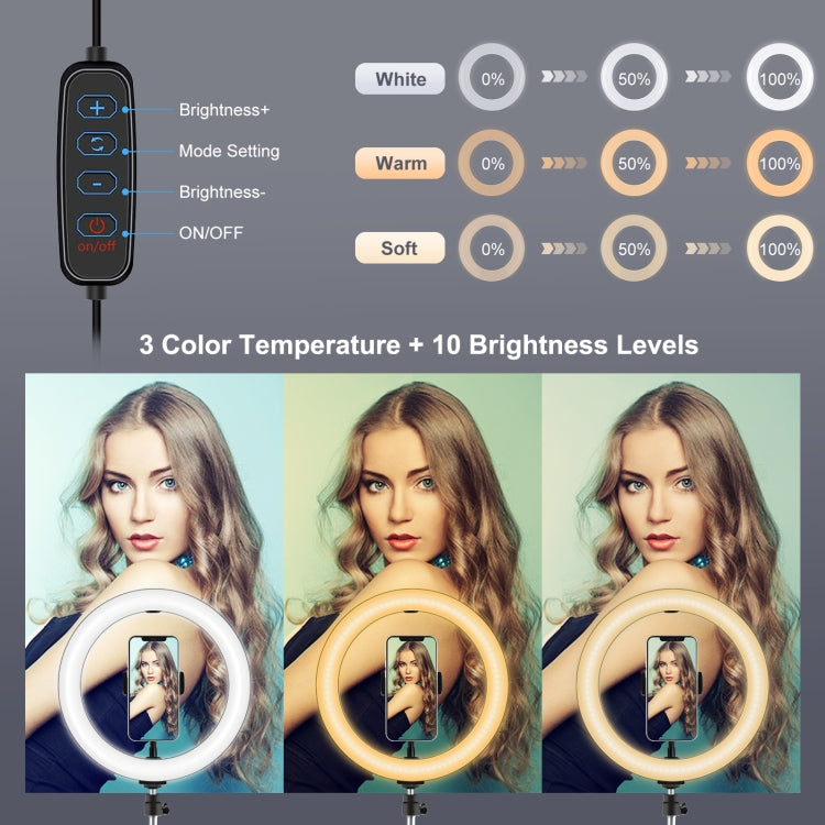 PULUZ 10.2 inch 26cm Selfie Beauty Light + Desktop Tripod Mount USB 3 Modes Dimmable LED Ring Vlogging Selfie Photography Video Lights with Cold Shoe Tripod Ball Head & Phone Clamp
