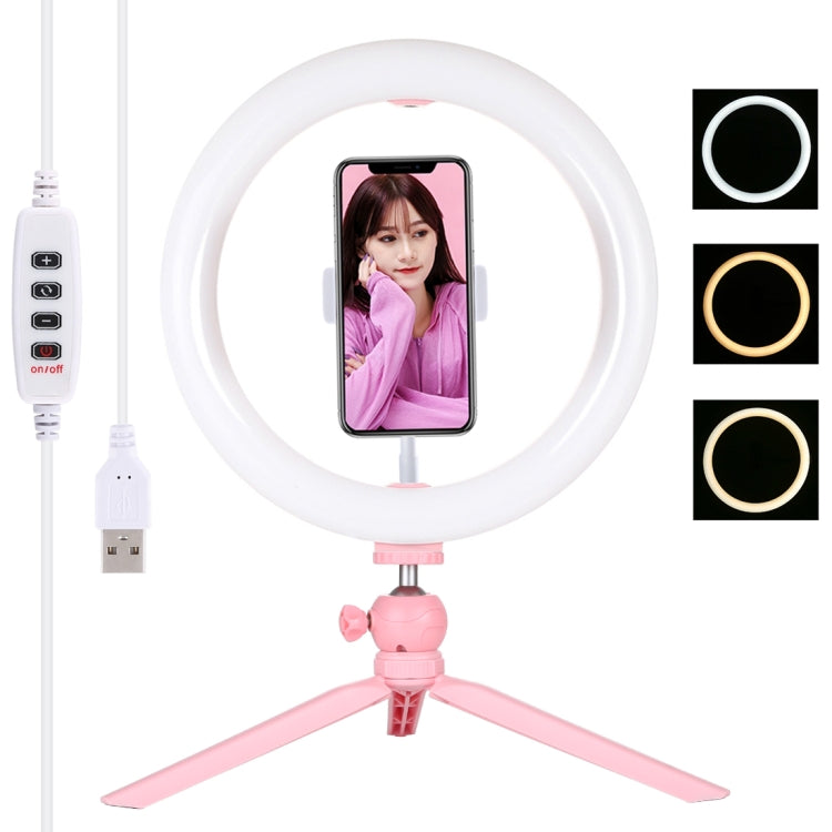 PULUZ 10.2 inch 26cm Light + Desktop Tripod Mount USB 3 Modes Dimmable Dual Color Temperature LED Curved Diffuse Light Ring Vlogging Selfie Photography Video Lights with Phone Clamp