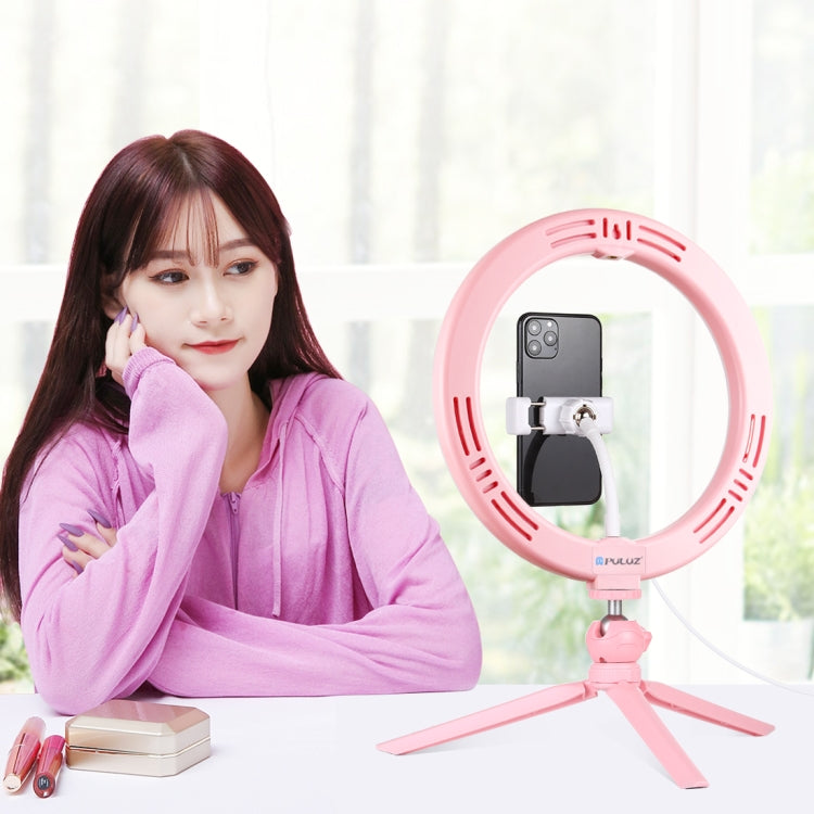 PULUZ 10.2 inch 26cm Light + Desktop Tripod Mount USB 3 Modes Dimmable Dual Color Temperature LED Curved Diffuse Light Ring Vlogging Selfie Photography Video Lights with Phone Clamp