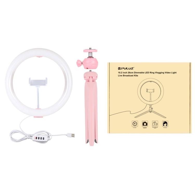 PULUZ 10.2 inch 26cm Light + Desktop Tripod Mount USB 3 Modes Dimmable Dual Color Temperature LED Curved Diffuse Light Ring Vlogging Selfie Photography Video Lights with Phone Clamp