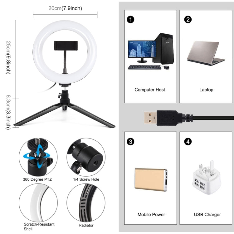 PULUZ 7.9 inch 20cm Light + Desktop Tripod Mount USB 3 Modes Dimmable Dual Color Temperature LED Curved Light Ring Vlogging Selfie Beauty Photography Video Lights with Phone Clamp