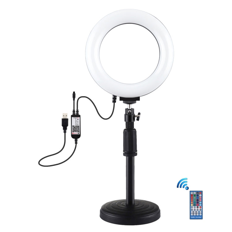 PULUZ 6.2 inch 16cm RGBW Light + Round Base Desktop Holder USB Dimmable LED Ring Vlogging Photography Video Lights with Cold Shoe Tripod Ball Head & Remote Control