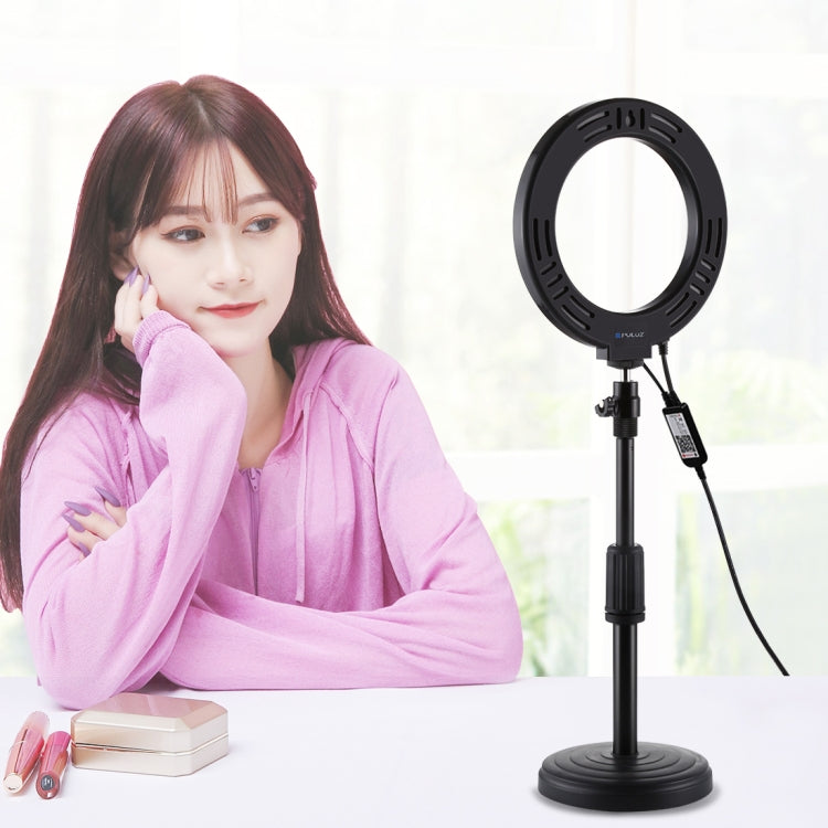 PULUZ 6.2 inch 16cm RGBW Light + Round Base Desktop Holder USB Dimmable LED Ring Vlogging Photography Video Lights with Cold Shoe Tripod Ball Head & Remote Control