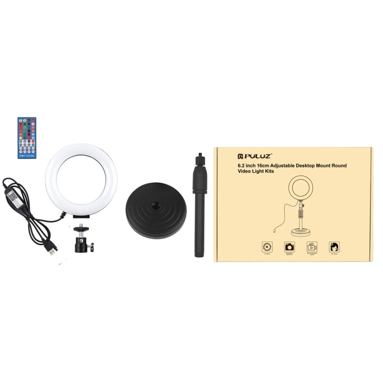 PULUZ 6.2 inch 16cm RGBW Light + Round Base Desktop Holder USB Dimmable LED Ring Vlogging Photography Video Lights with Cold Shoe Tripod Ball Head & Remote Control