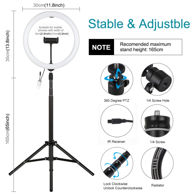 PULUZ 11.8 inch 30cm RGBW Light + 1.65m Mount Curved Surface RGBW Dimmable LED Ring Selfie Vlogging Light  Live Broadcast Kits with Cold Shoe Tripod Adapter & Phone Clamp & Remote Control