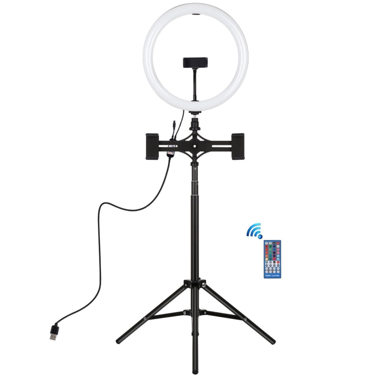 PULUZ 11.8 inch 30cm RGBW Light + 1.65m Mount + Dual Phone Brackets Curved Surface RGBW Dimmable LED Ring Selfie Vlogging Light  Live Broadcast Kits with Cold Shoe Tripod Adapter & Phone Clamp & Remote Control