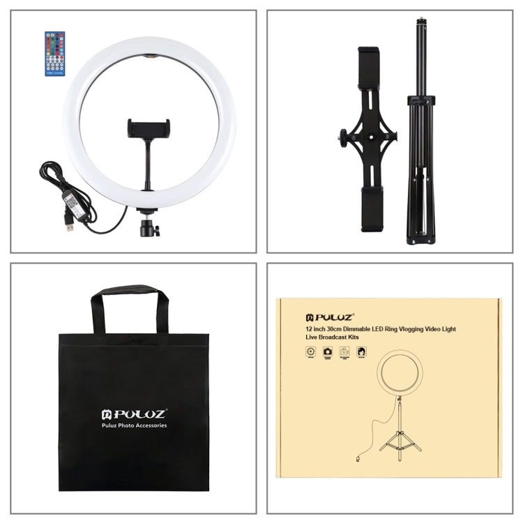 PULUZ 11.8 inch 30cm RGBW Light + 1.65m Mount + Dual Phone Brackets Curved Surface RGBW Dimmable LED Ring Selfie Vlogging Light  Live Broadcast Kits with Cold Shoe Tripod Adapter & Phone Clamp & Remote Control