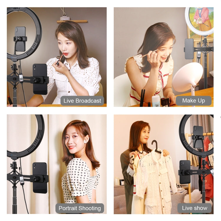 PULUZ 11.8 inch 30cm RGBW Light + 1.65m Mount + Dual Phone Brackets Curved Surface RGBW Dimmable LED Ring Selfie Vlogging Light  Live Broadcast Kits with Cold Shoe Tripod Adapter & Phone Clamp & Remote Control