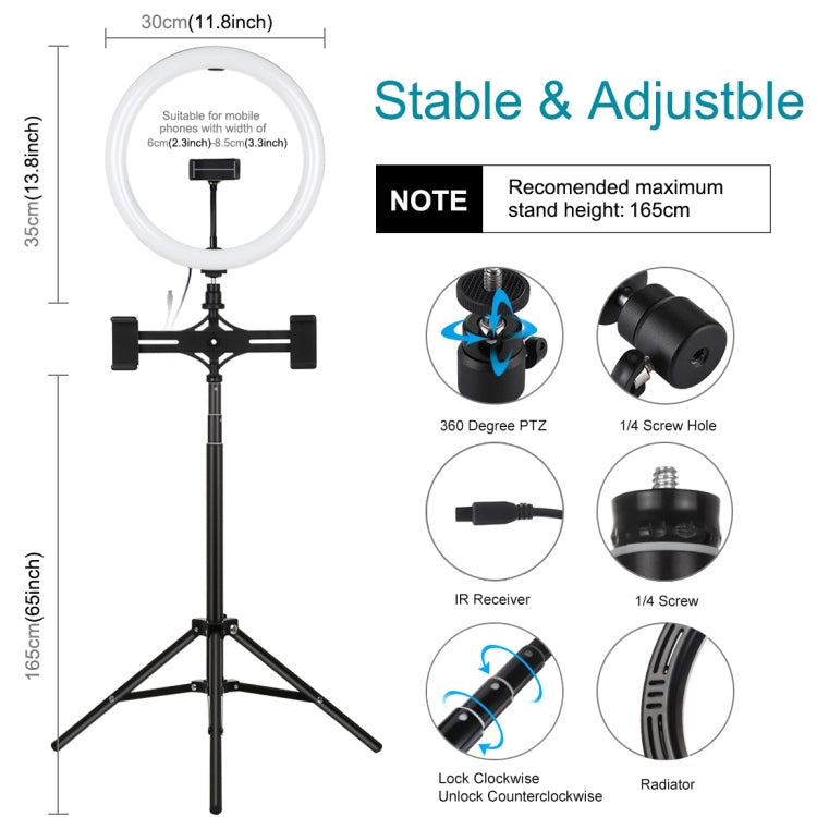 PULUZ 11.8 inch 30cm RGBW Light + 1.65m Mount + Dual Phone Brackets Curved Surface RGBW Dimmable LED Ring Selfie Vlogging Light  Live Broadcast Kits with Cold Shoe Tripod Adapter & Phone Clamp & Remote Control